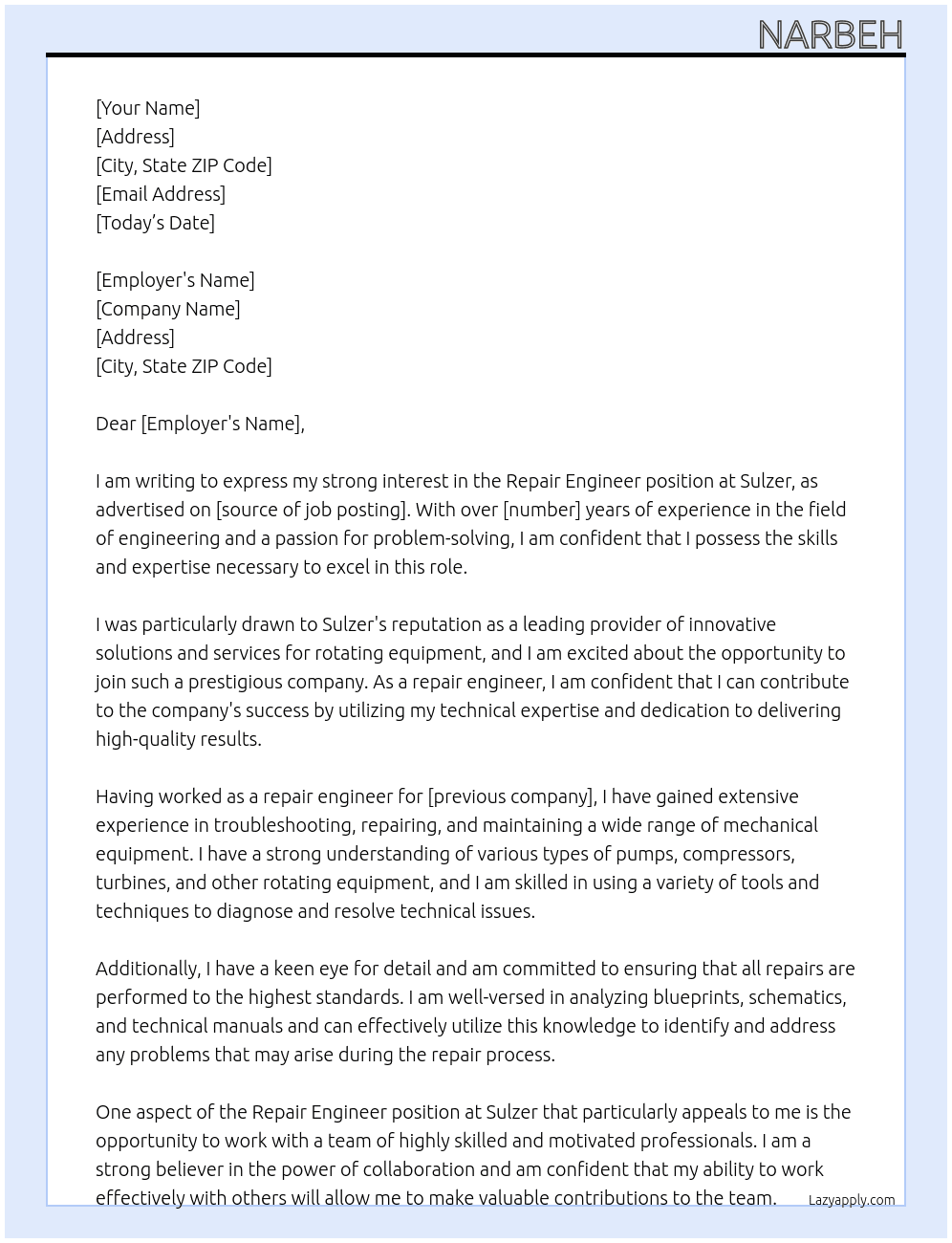 Repair Engineer At Sulzer Cover Letter