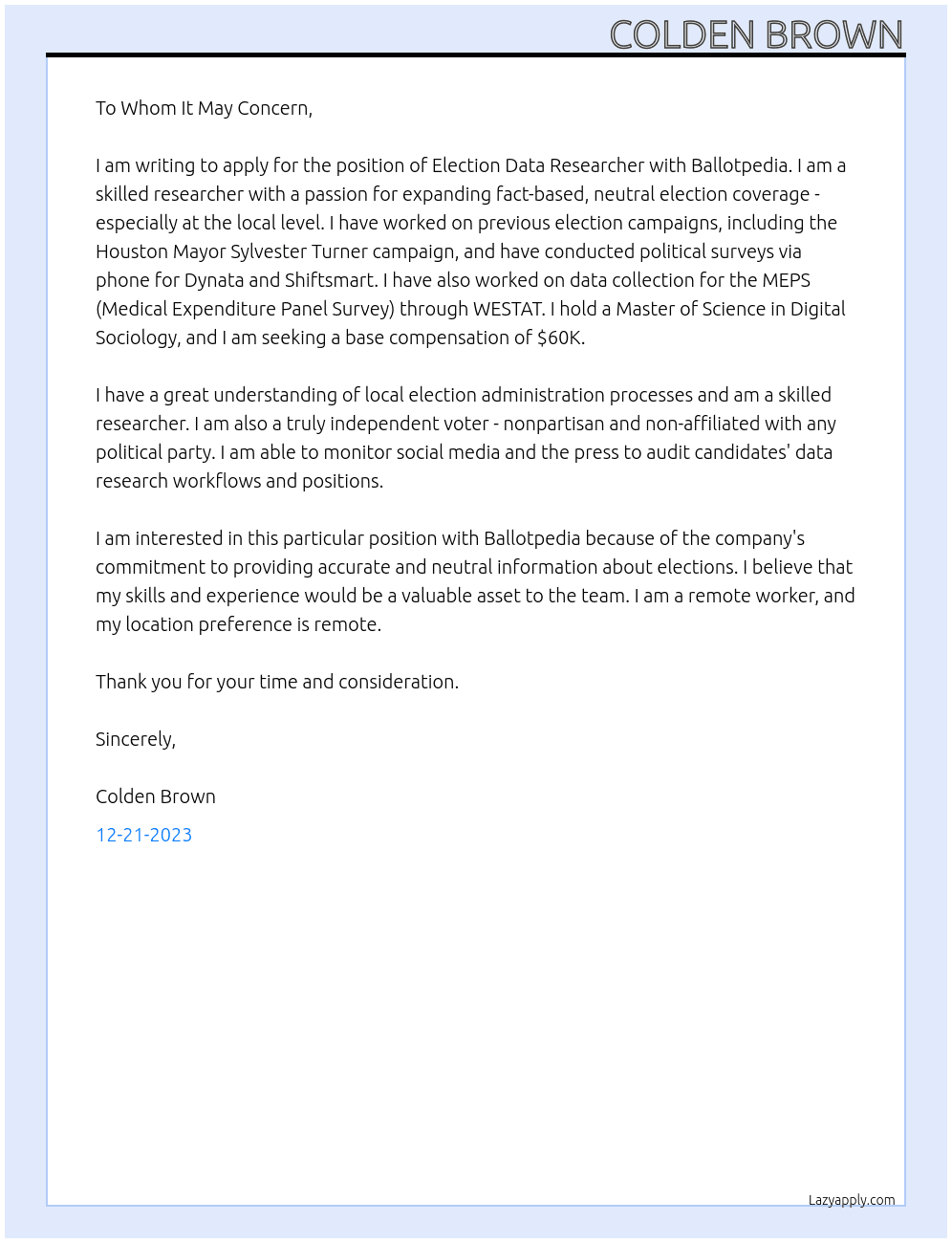 Election Data Researcher At Ballotpedia Cover Letter