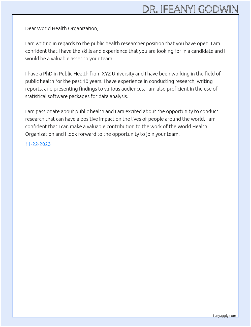 Public health researcher At World health organization Cover Letter