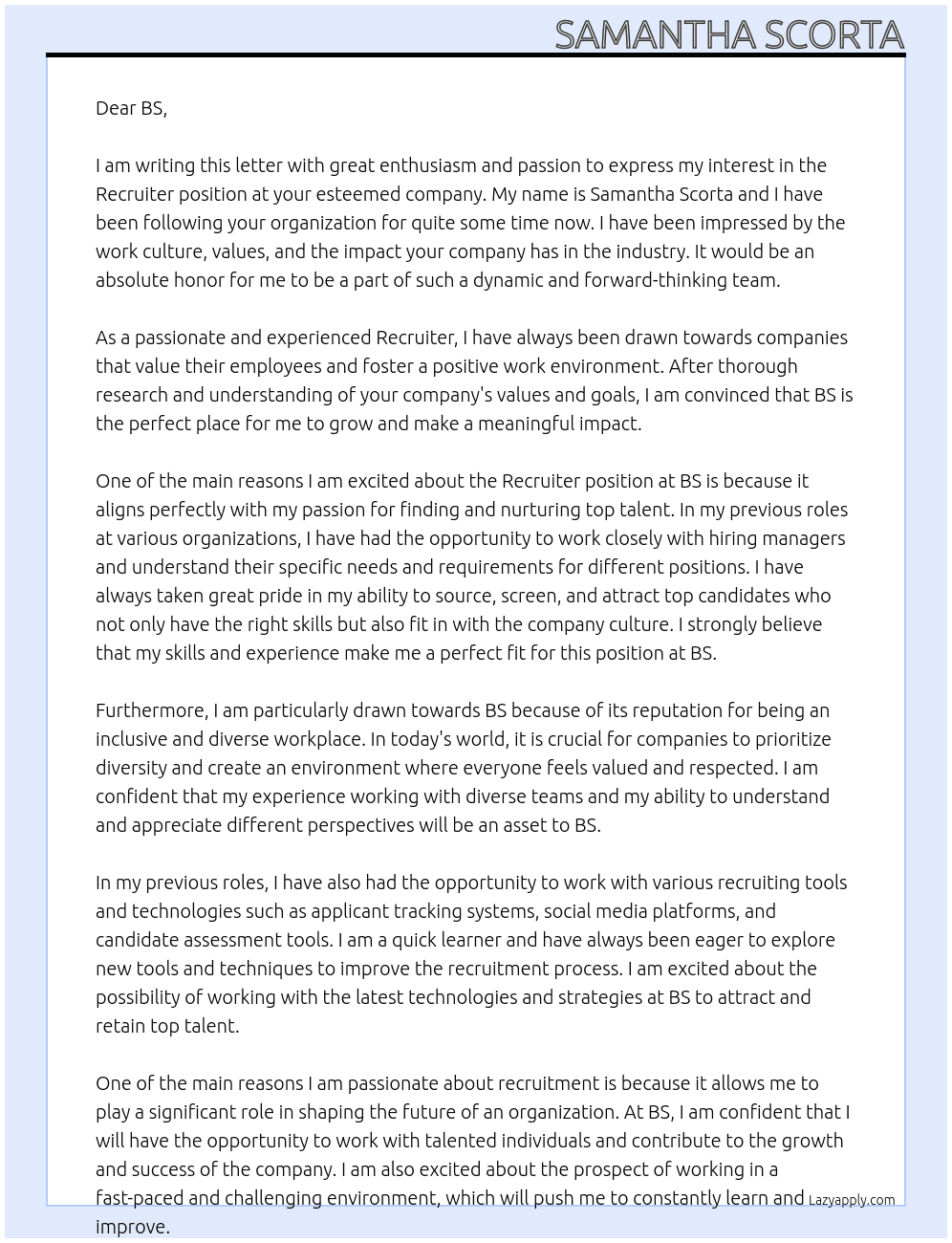 Recruiter  At BS Cover Letter