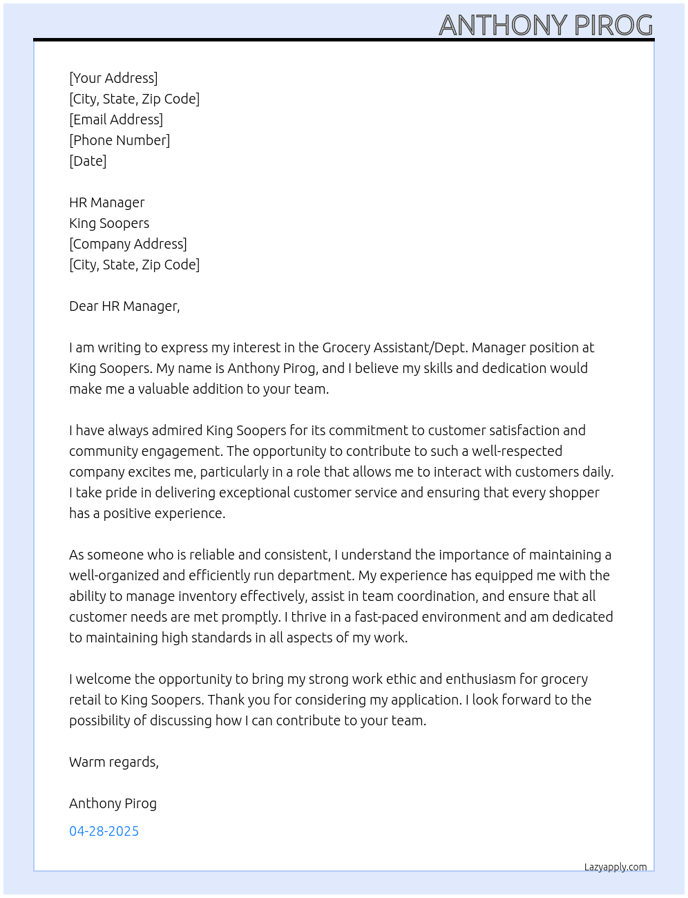 Cover letter for grocery assistant/dept. manager - LazyApply