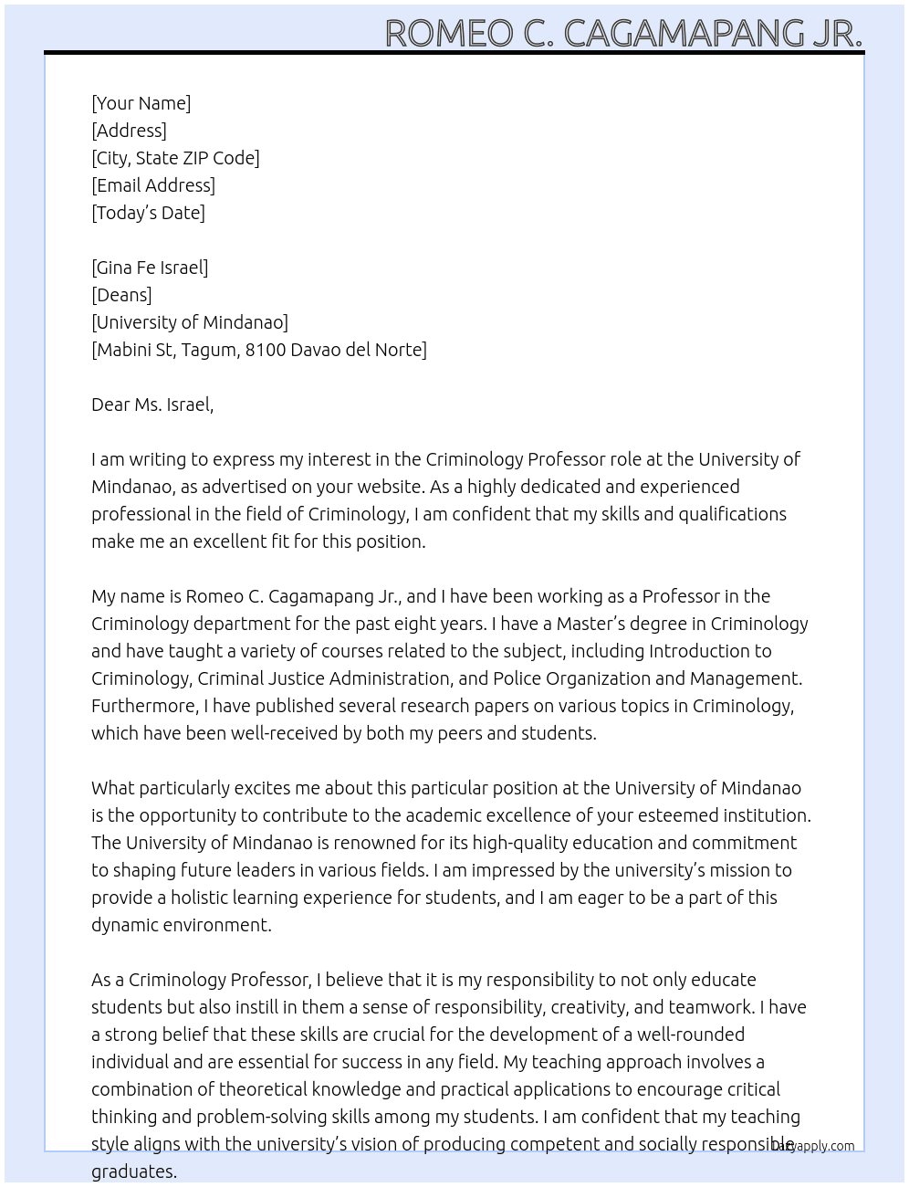 Professor At University of mindanao  Cover Letter
