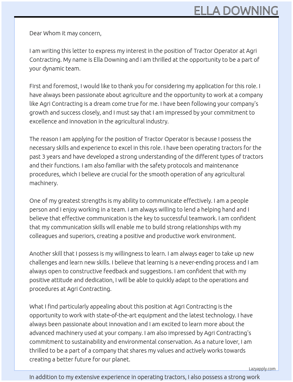 Tractor operator  At Agri contracting Cover Letter