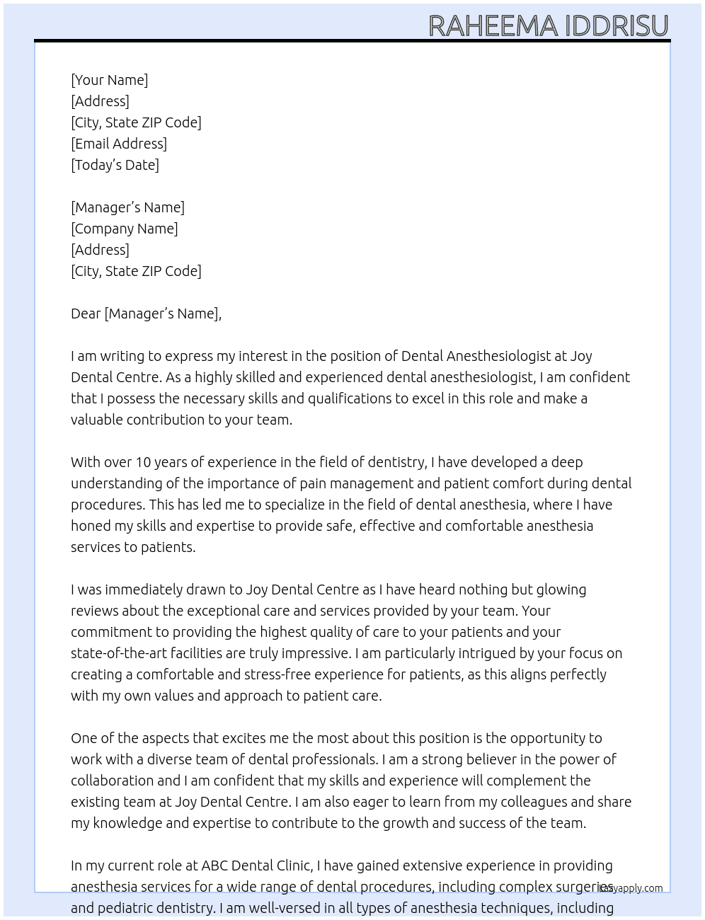 dental anestheologist At Joy dental centre Cover Letter