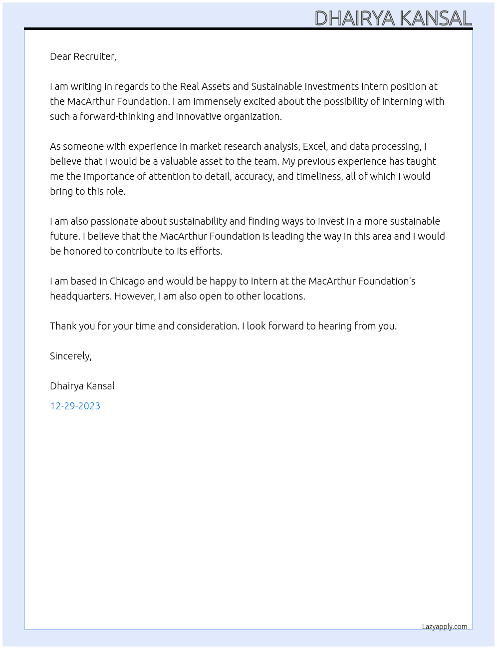 Real Assets and Sustainable Investments Intern At McArthur Foundation Cover Letter