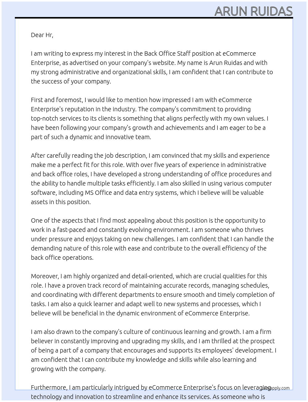 Back office staff  At eCommerce Enterprise Cover Letter