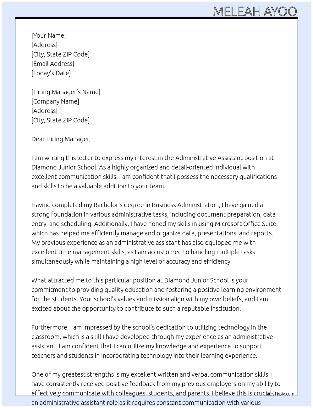 Administrative Assistant At Diamond Junior School Cover Letter