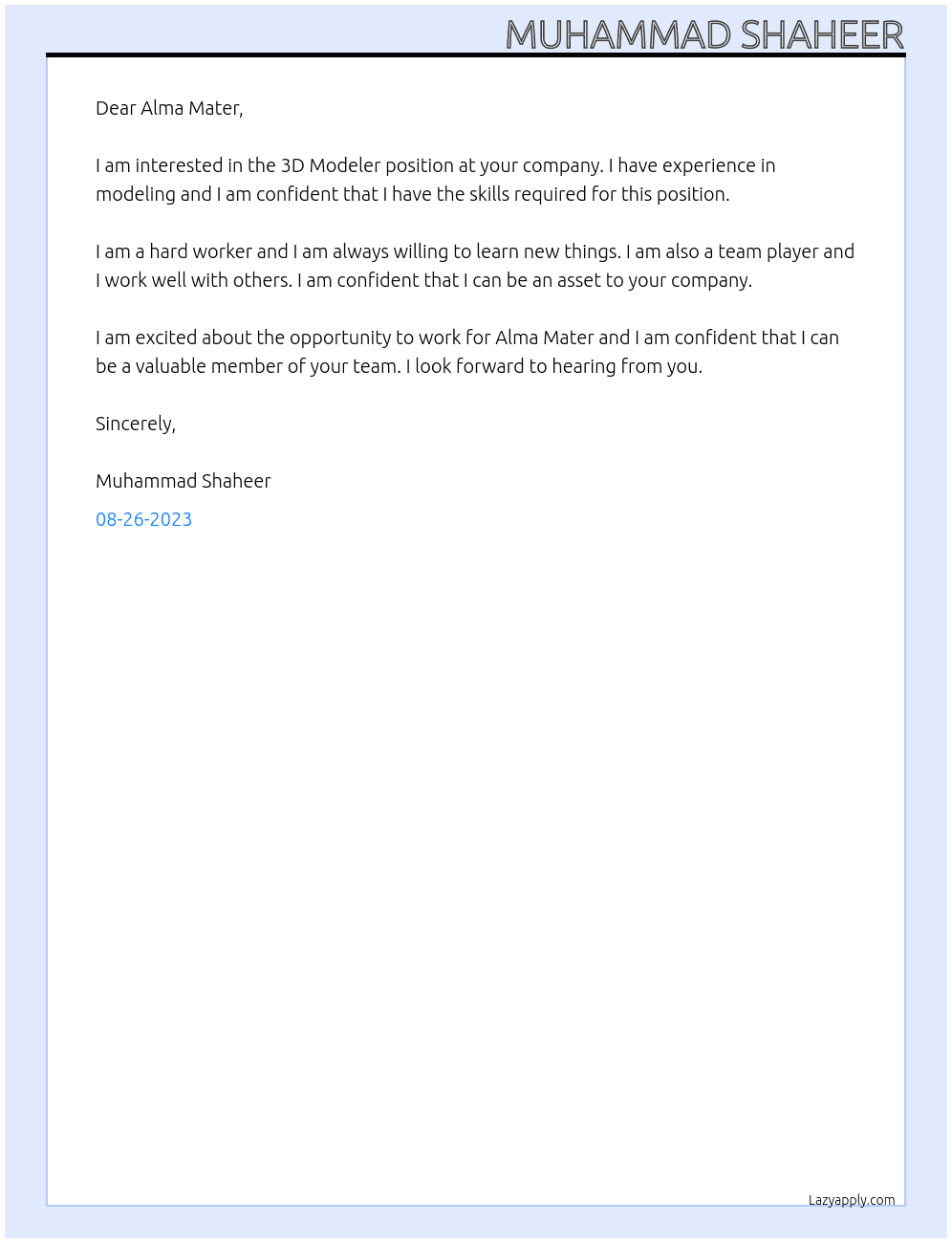 3D Modeler At Alma Mater Cover Letter