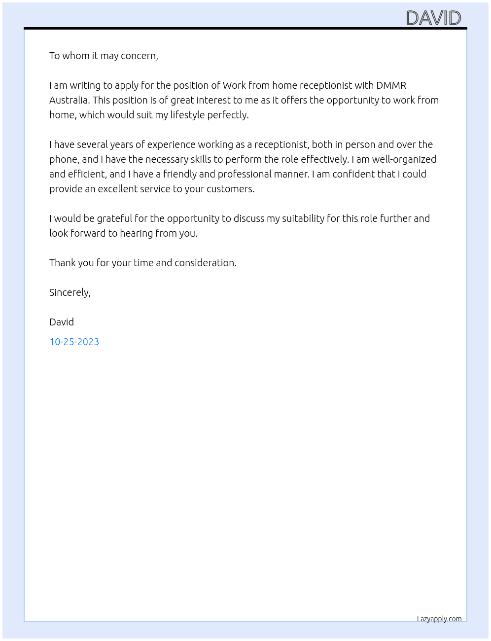 Work from home receptionist  At DMMR Australia Cover Letter