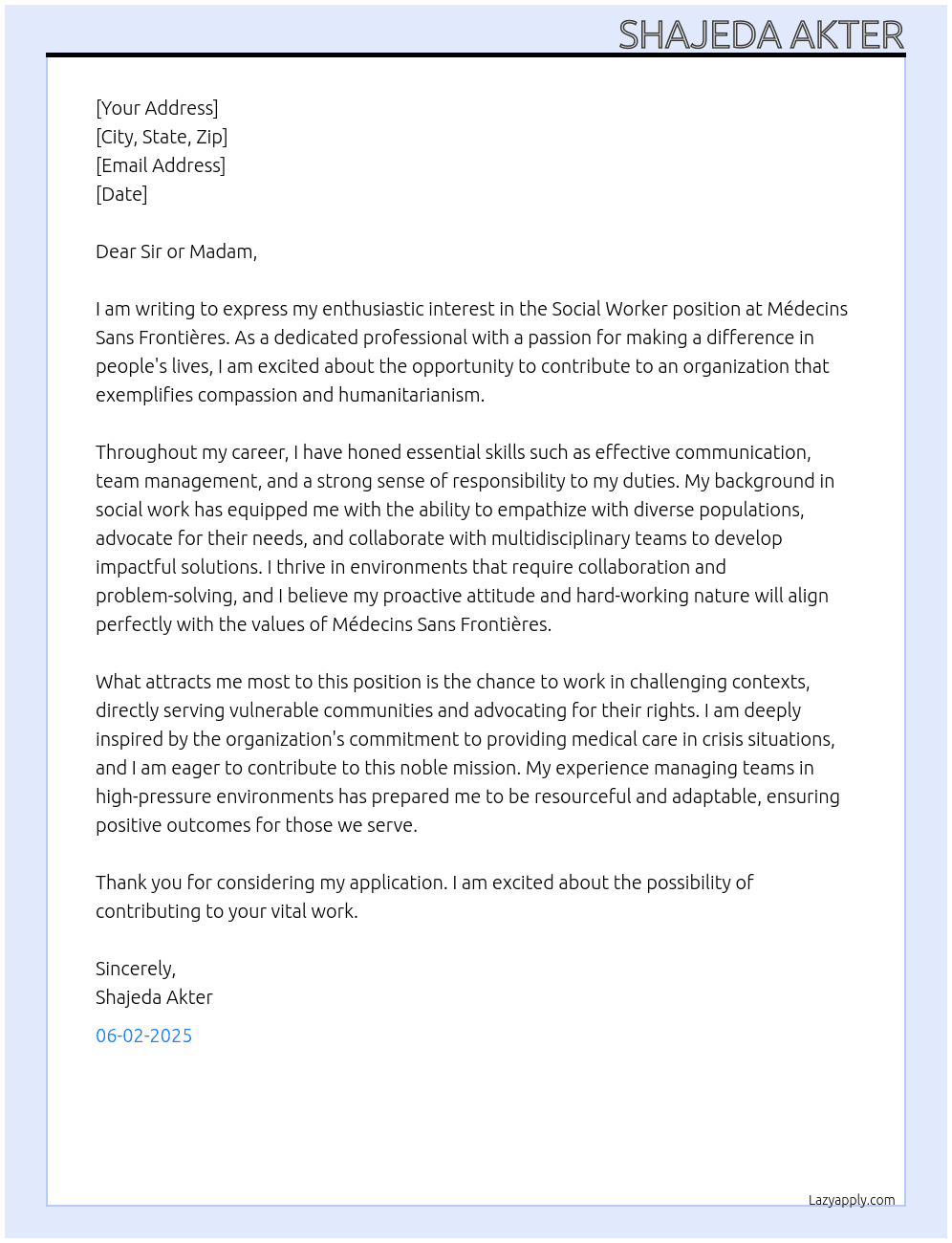 Social worker  At Medecins sans frontieres Cover Letter