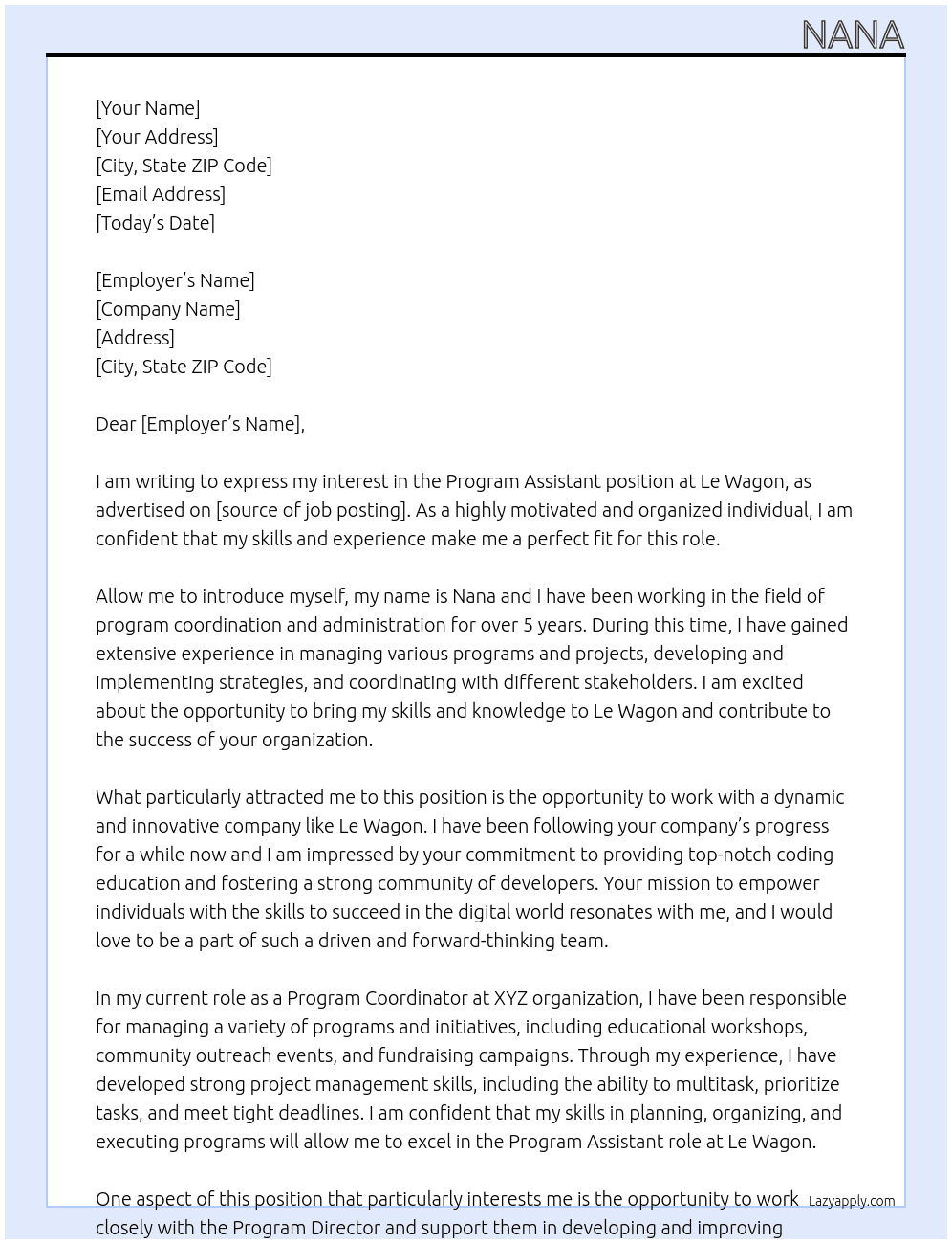 program assistant At Le wagon Cover Letter