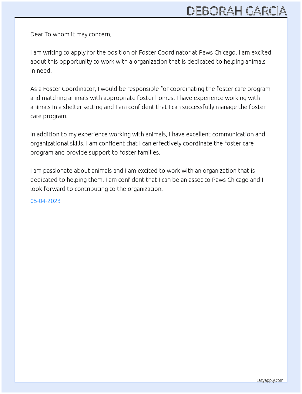 Foster Coordinator At Paws Chicago Cover Letter