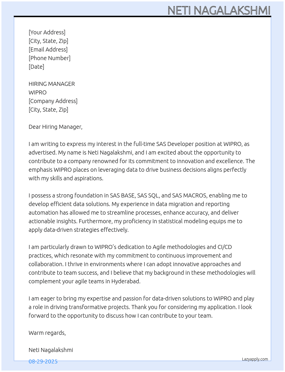 Cover letter for sas devloper - LazyApply