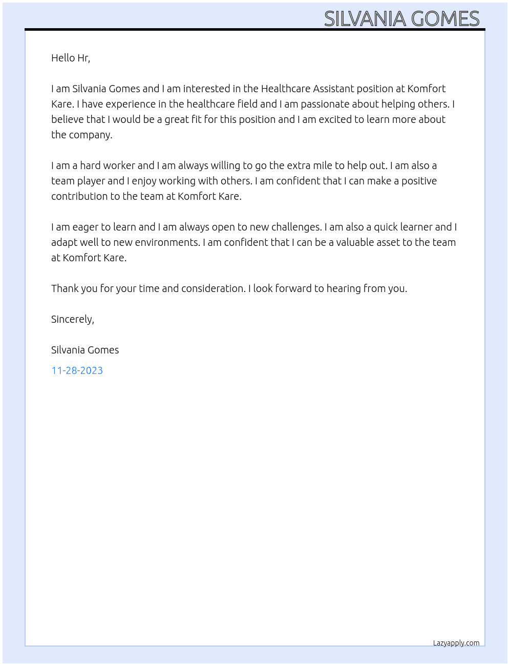 Healthcare Assistant  At Komfort Kare Cover Letter