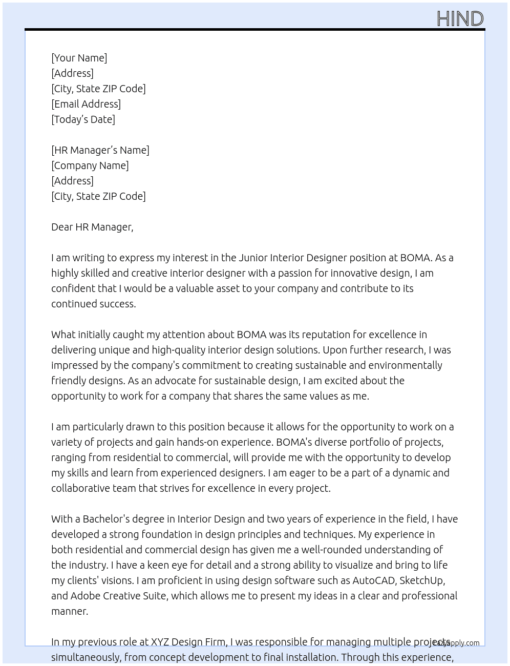 Junior interior designer At BOMA Cover Letter