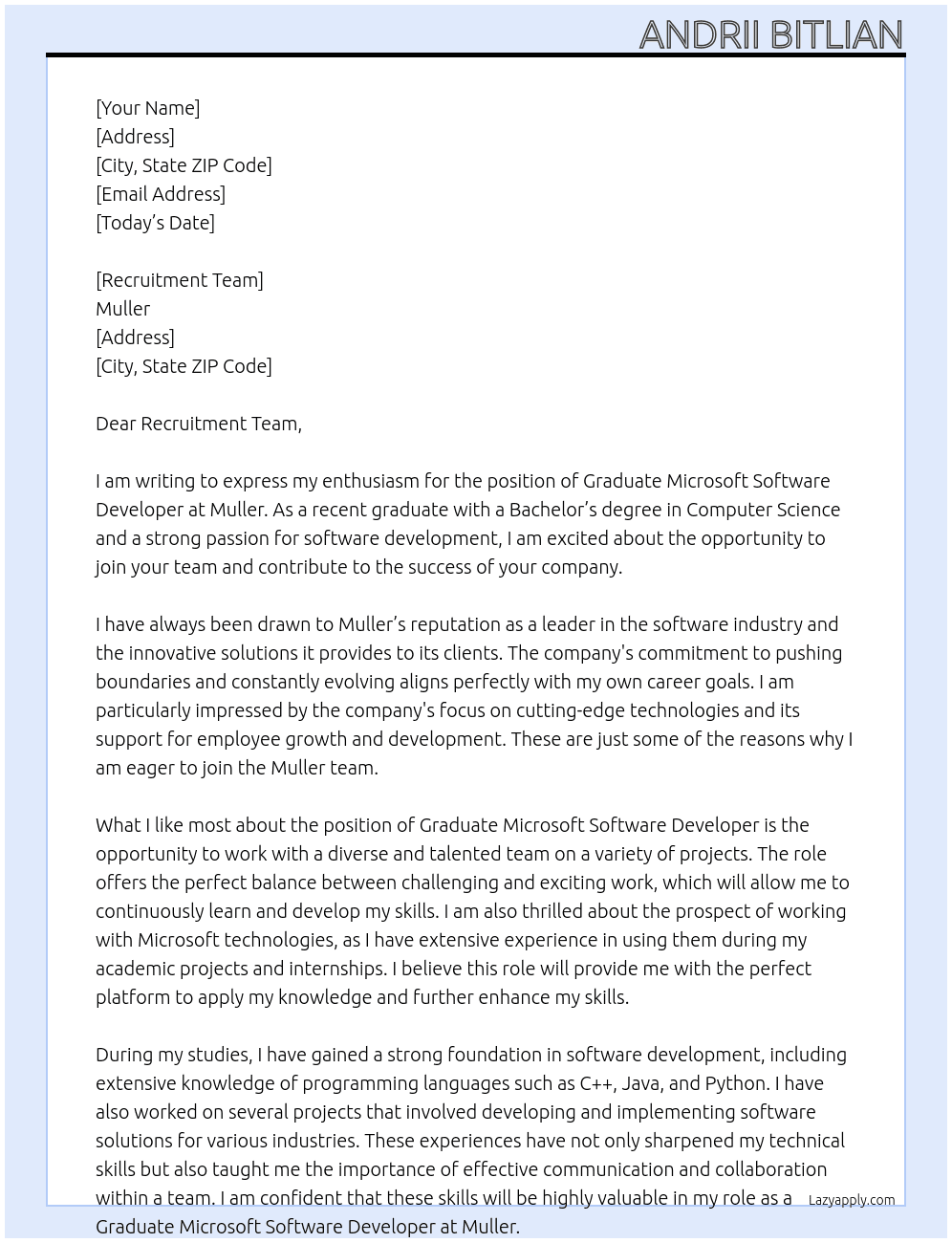 Graduate Microsoft Software Developer At Muller Cover Letter