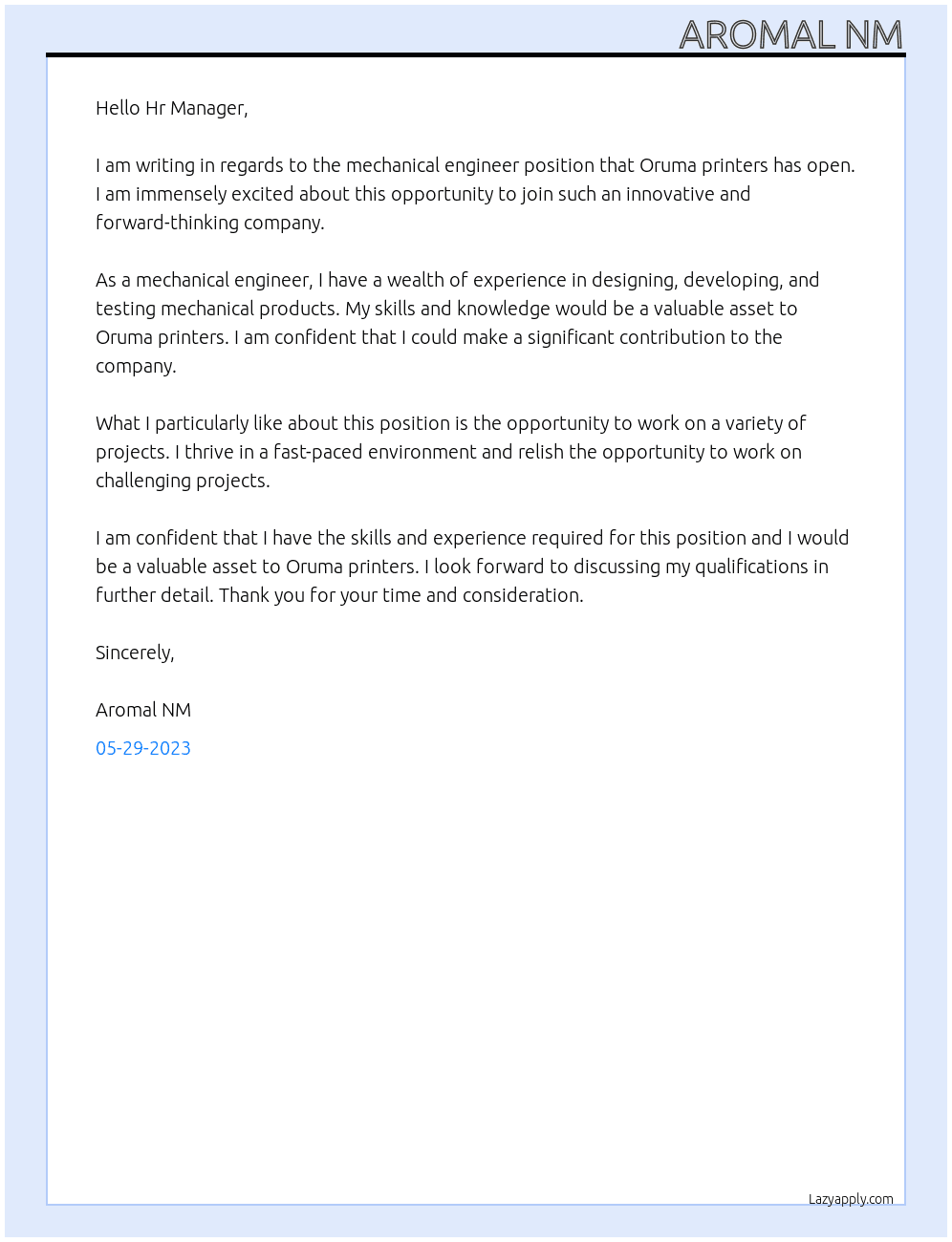 Mechanical engineer At Oruma printers Cover Letter