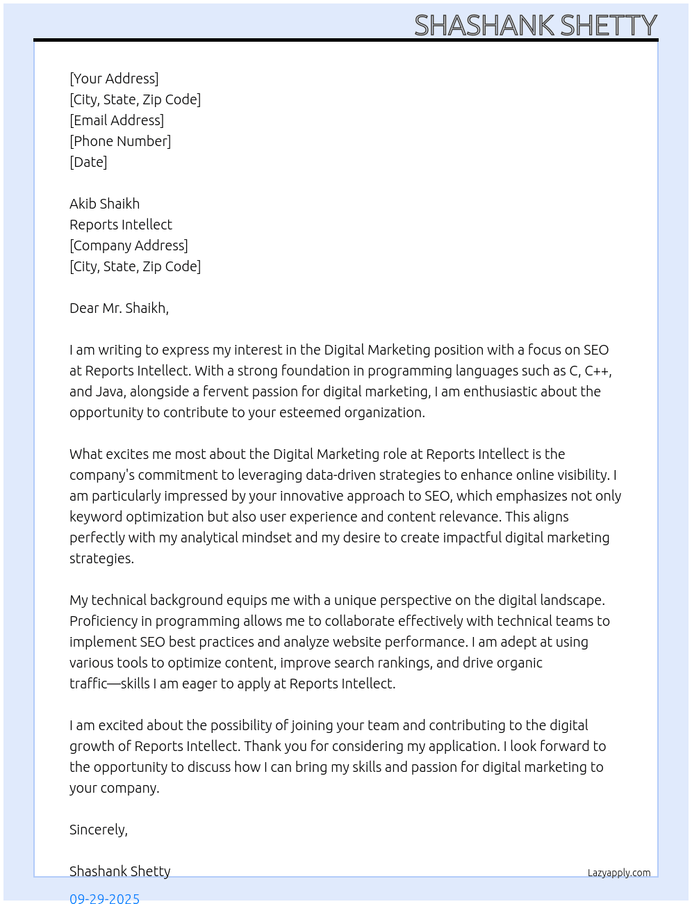 Digital Marketing At Reports Intellect Cover Letter