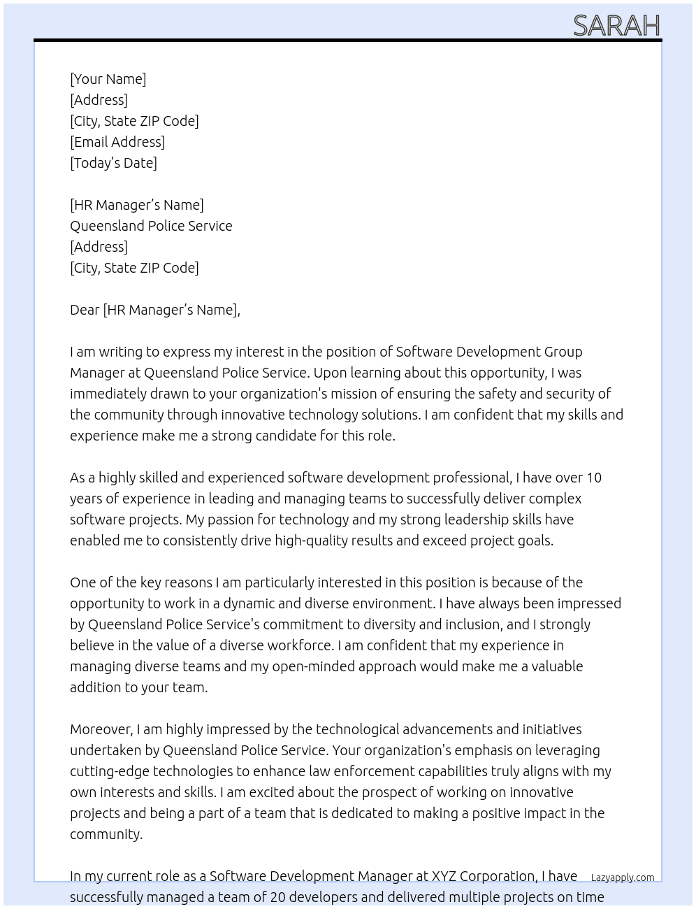 Software Development Group Manager At Queensland Police Service Cover Letter