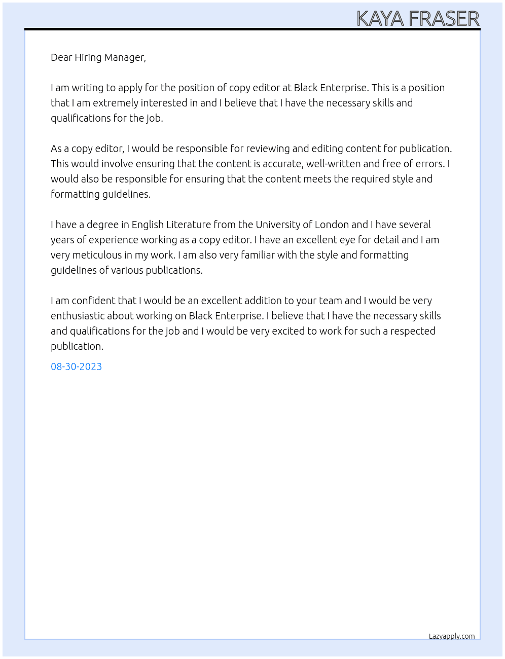 Copy Editor At Black Enterprise Cover Letter