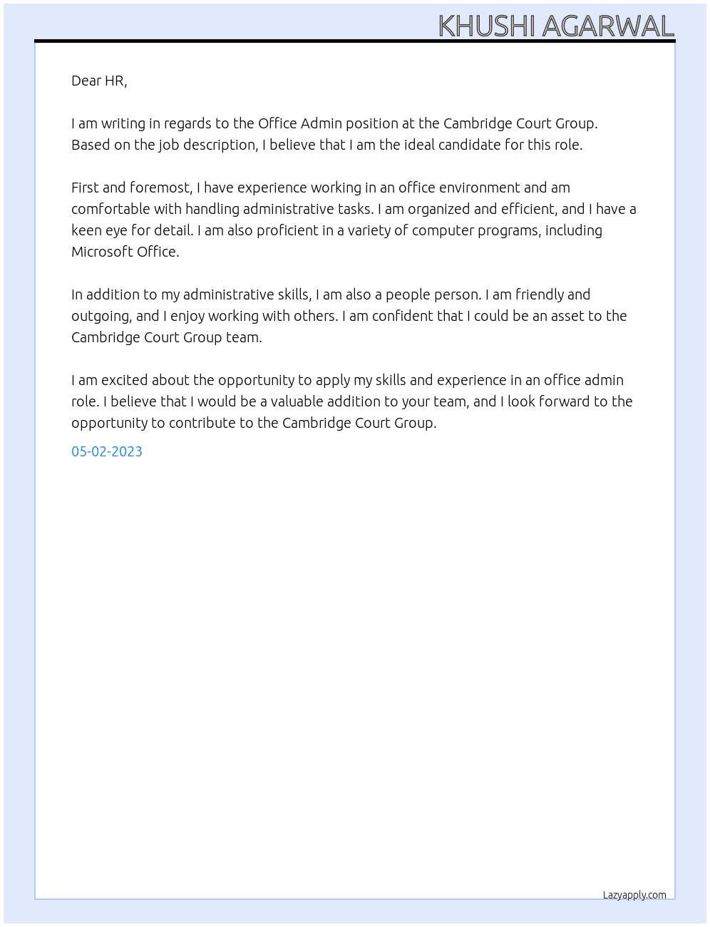 office admin At CAMBRIDGE COURT GROUP Cover Letter