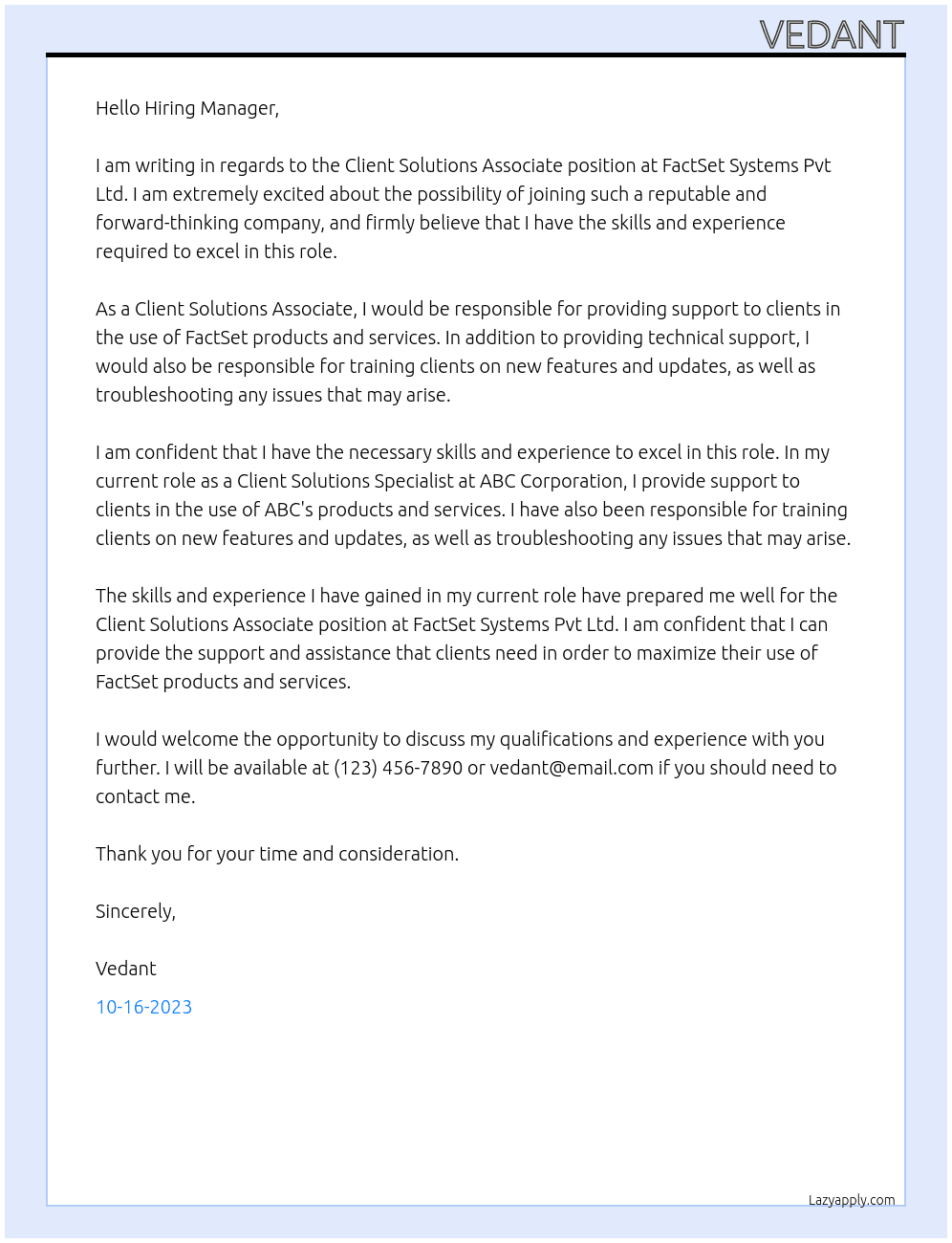 Client Solutions Associate At FactSet Systems Pvt Ltd Cover Letter