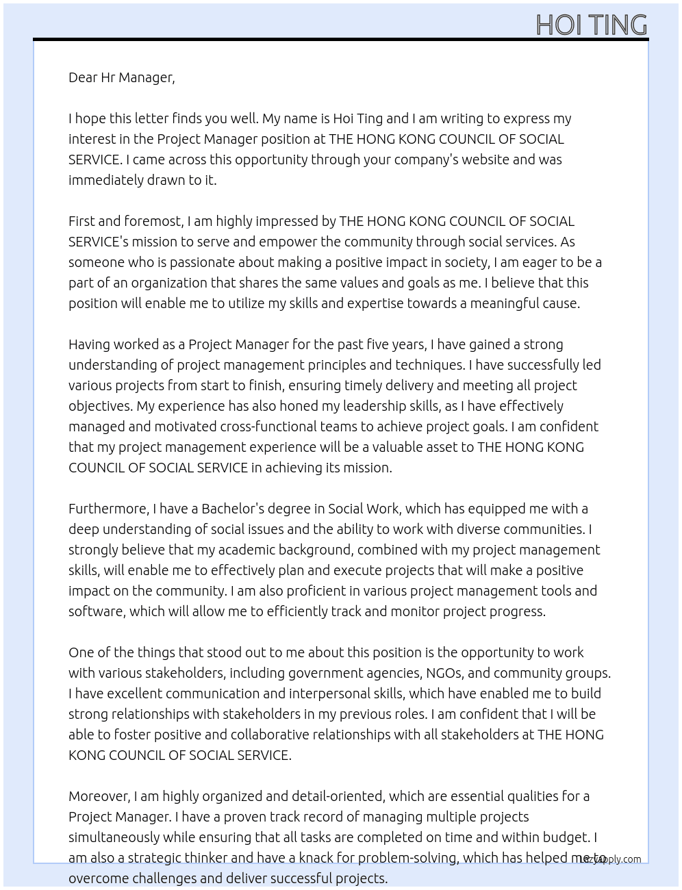 Project Manager At THE HONG KONG COUNCIL OF SOCIAL SERVICE Cover Letter