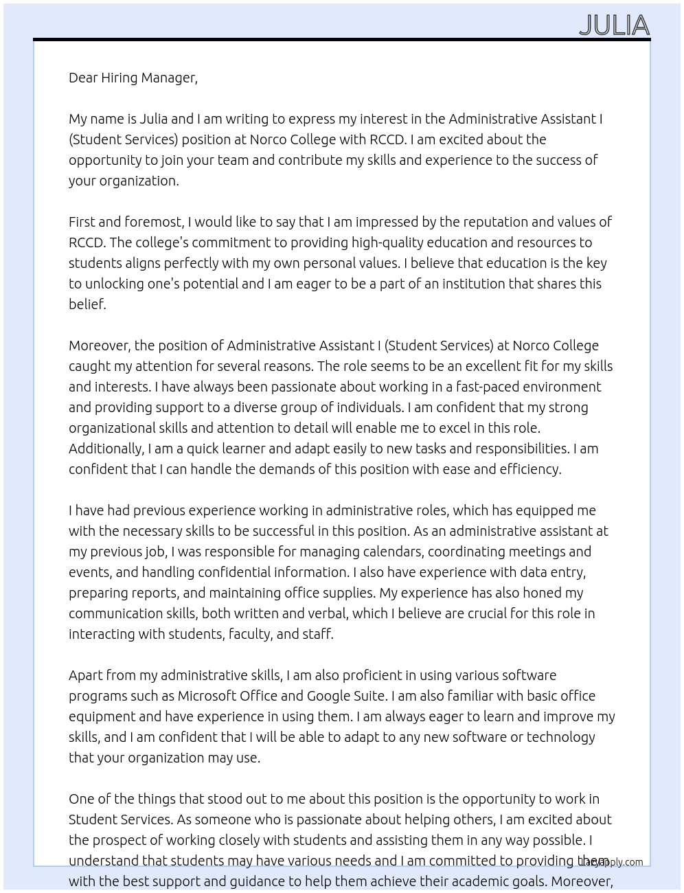 Administrative Assistant I (Student Services) - Norco College   At rccd Cover Letter