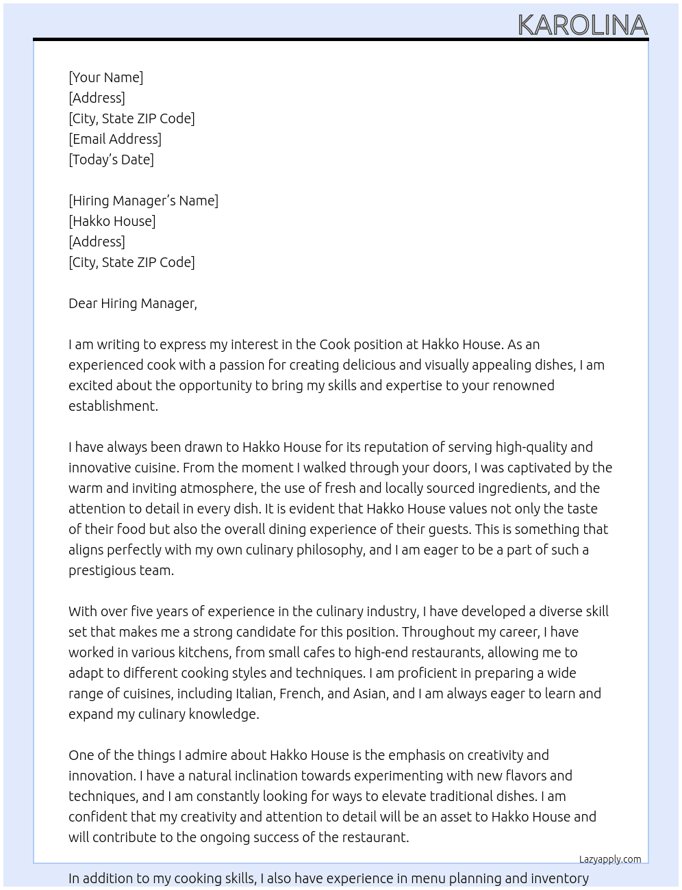 Cook At Hakko House Cover Letter