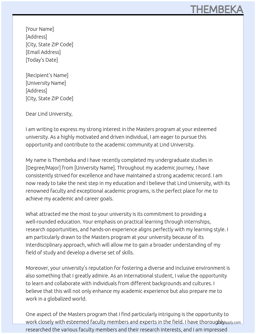 Masters program  At University  Cover Letter