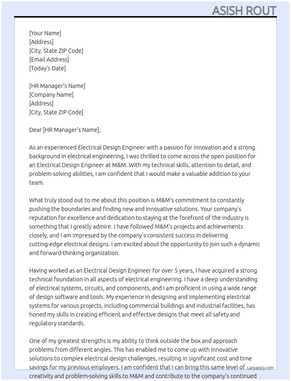 Electrical Design Engineer At M&M Cover Letter