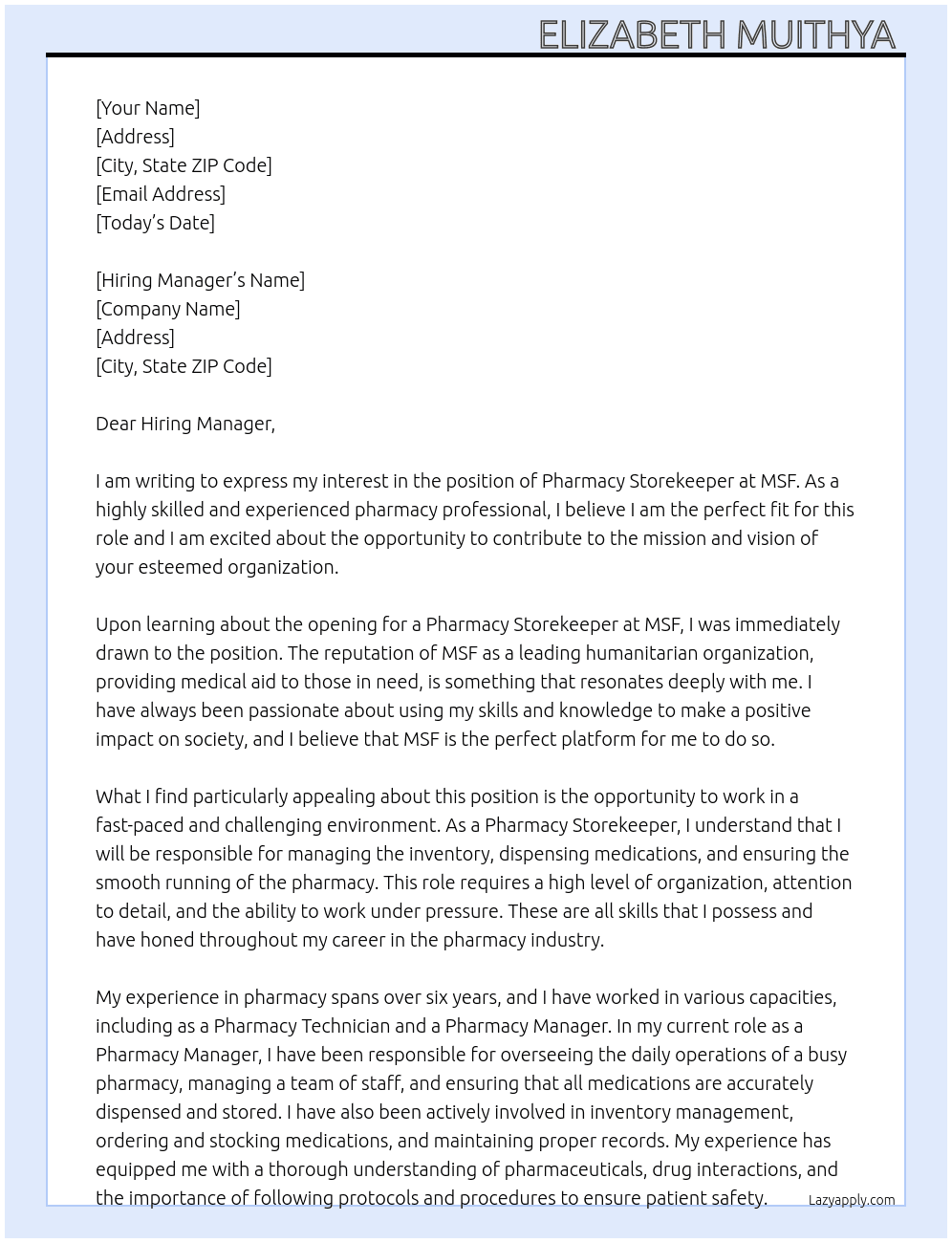 Pharmacy Storekeeper  At MSF Cover Letter