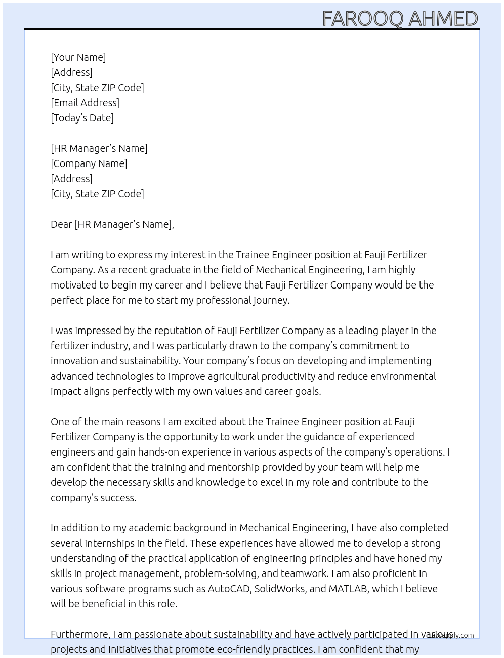 trainee engineer At fauji fertilizer company Cover Letter