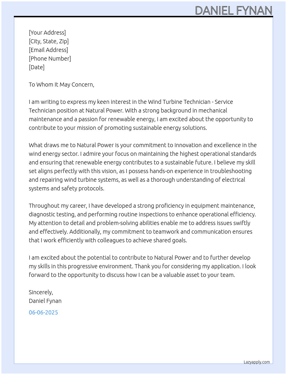 Wind Turbine Technician - Service Technician At Natural Power  Cover Letter