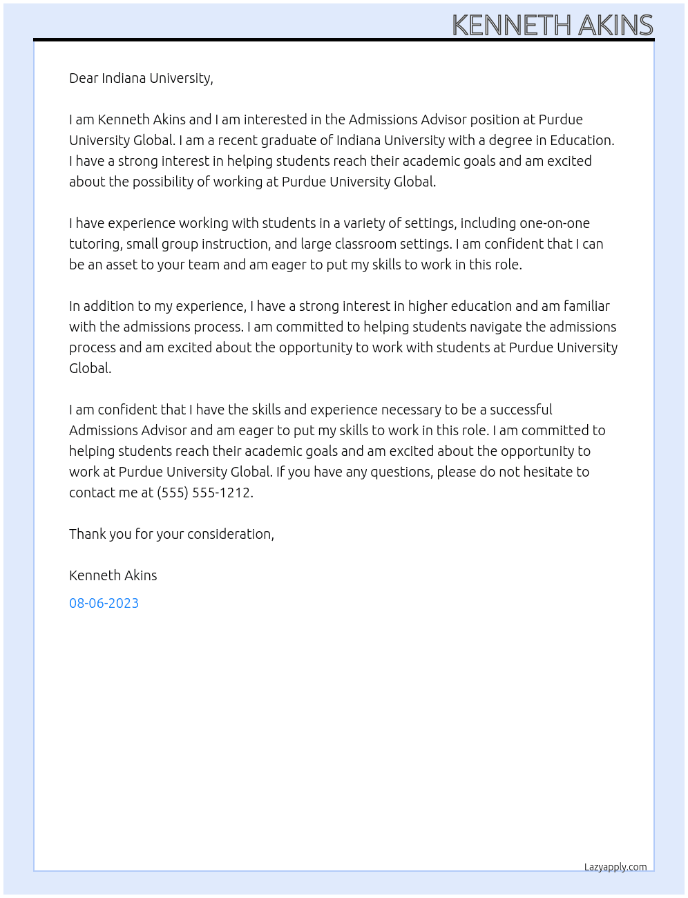 Admissions Advisor At Purdue University Global Cover Letter