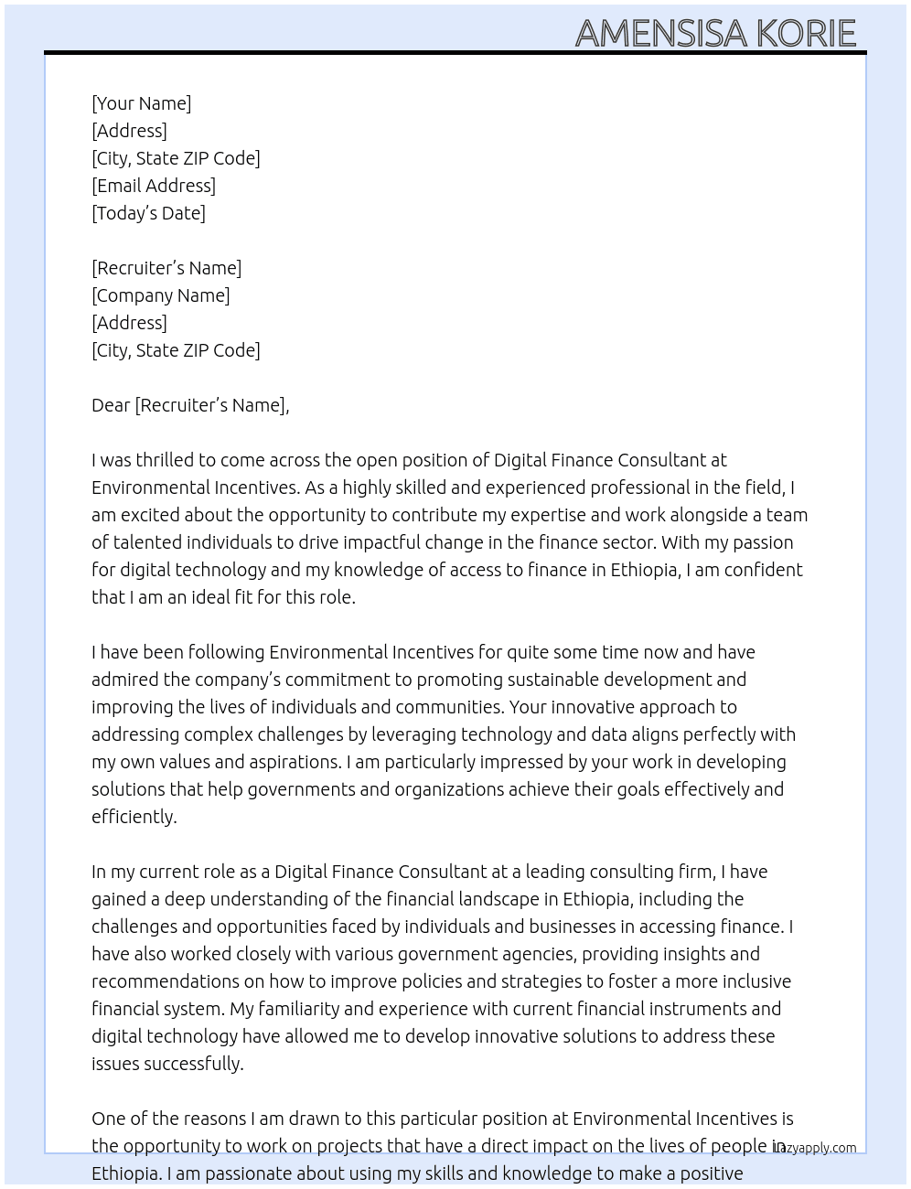 Digital Finance Consultant At Environmental Incentives Cover Letter