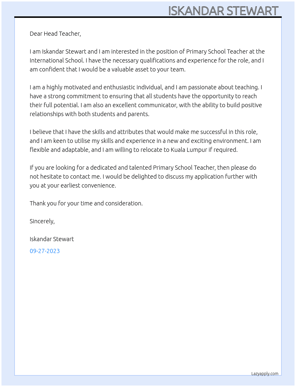 Primary school teacher  At International school  Cover Letter