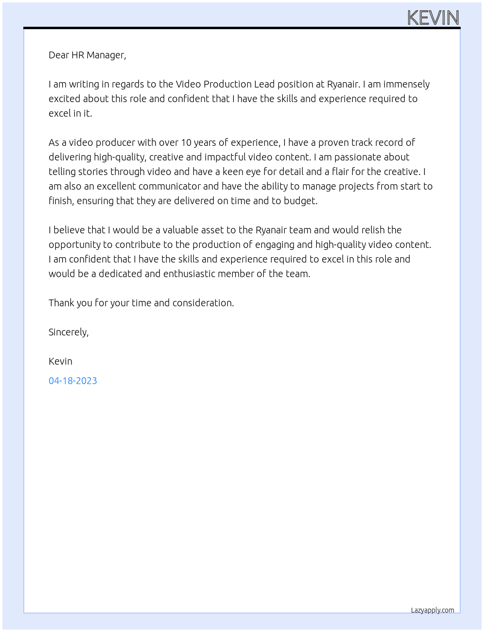 Video Production Lead At Ryanair Cover Letter