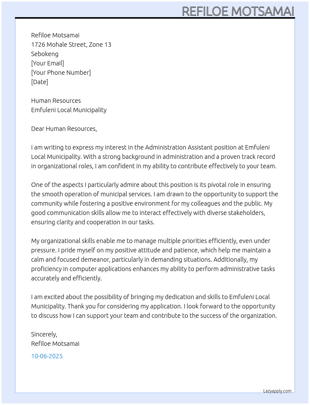 Administration Assistant At Emfuleni Local Municipality Cover Letter