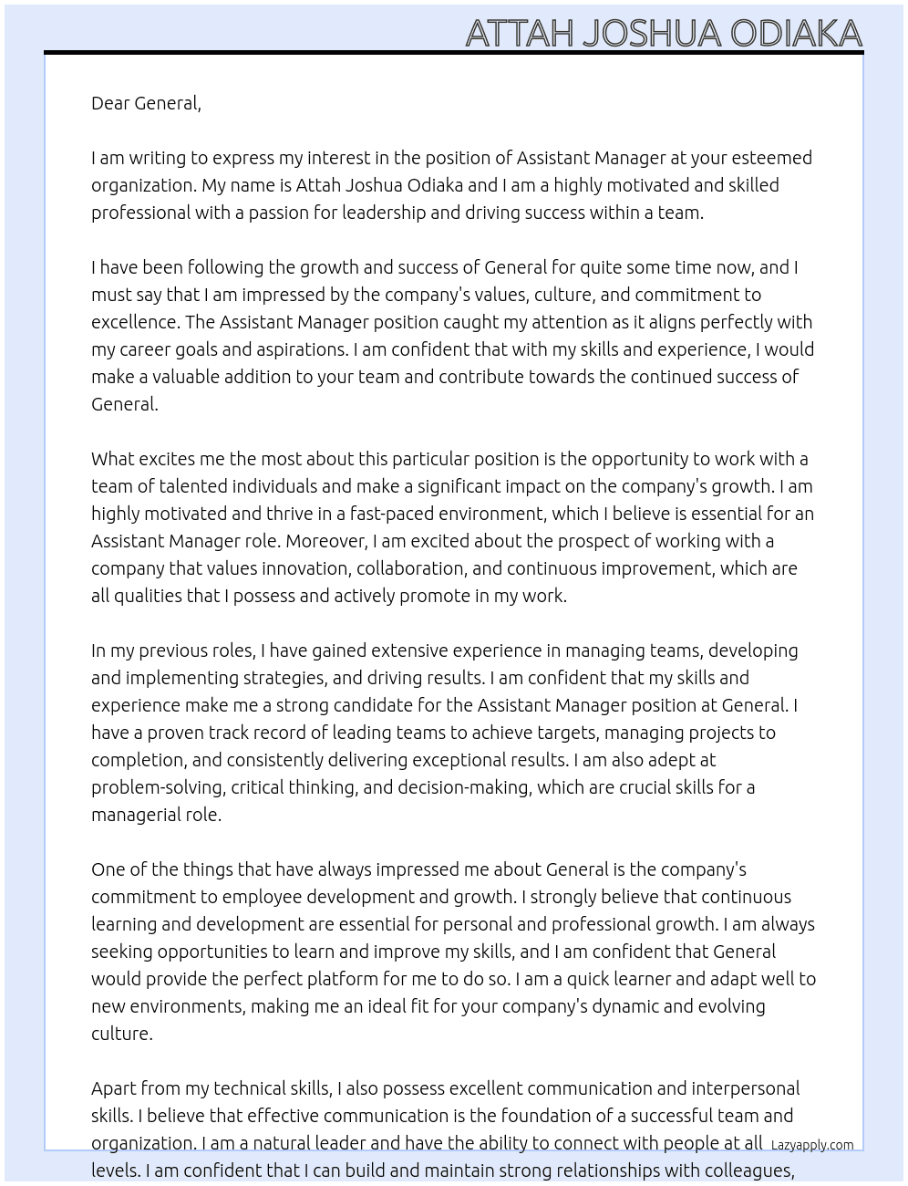 Assistant Manager At General Cover Letter