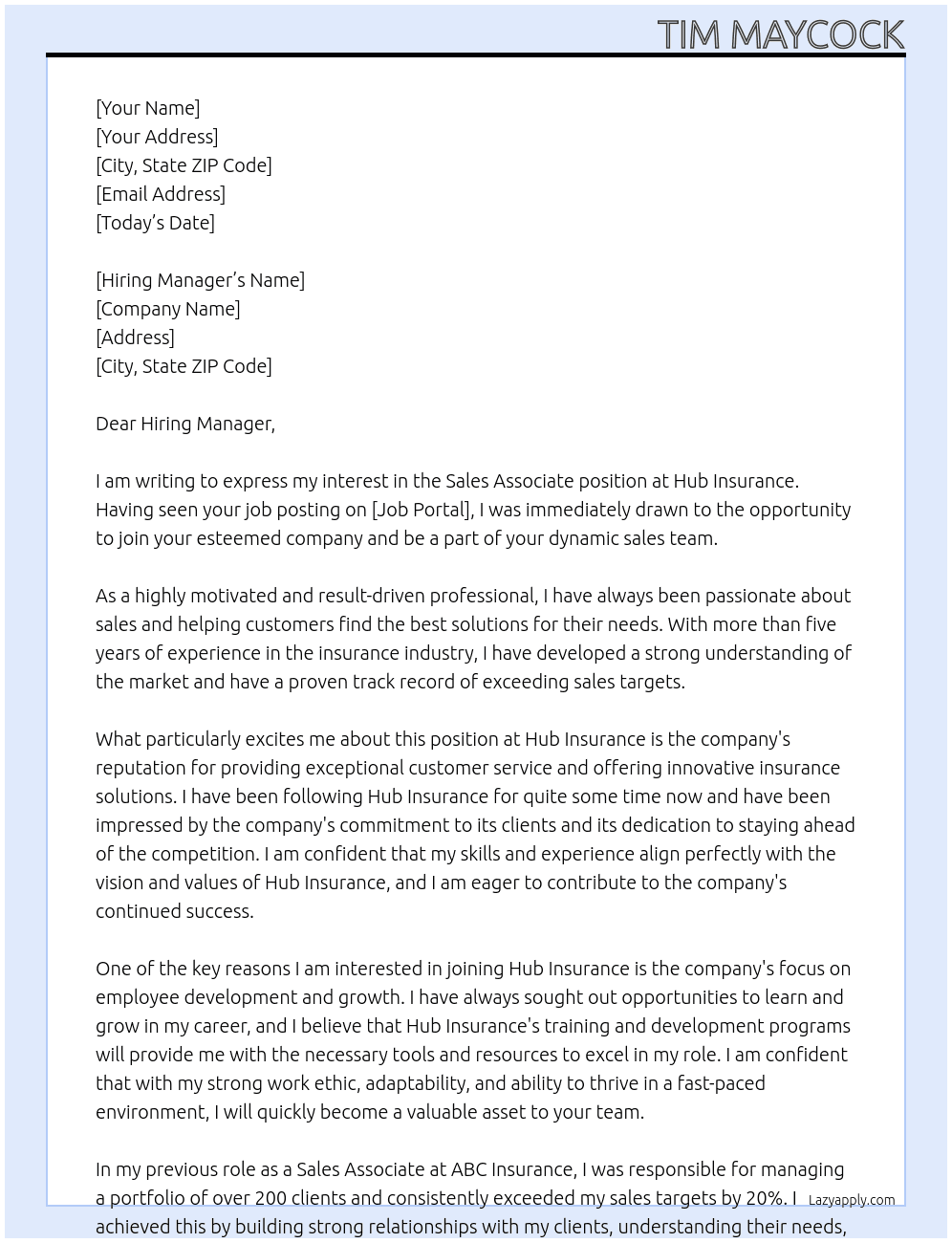 Sales Associate At Hub Insurance Cover Letter