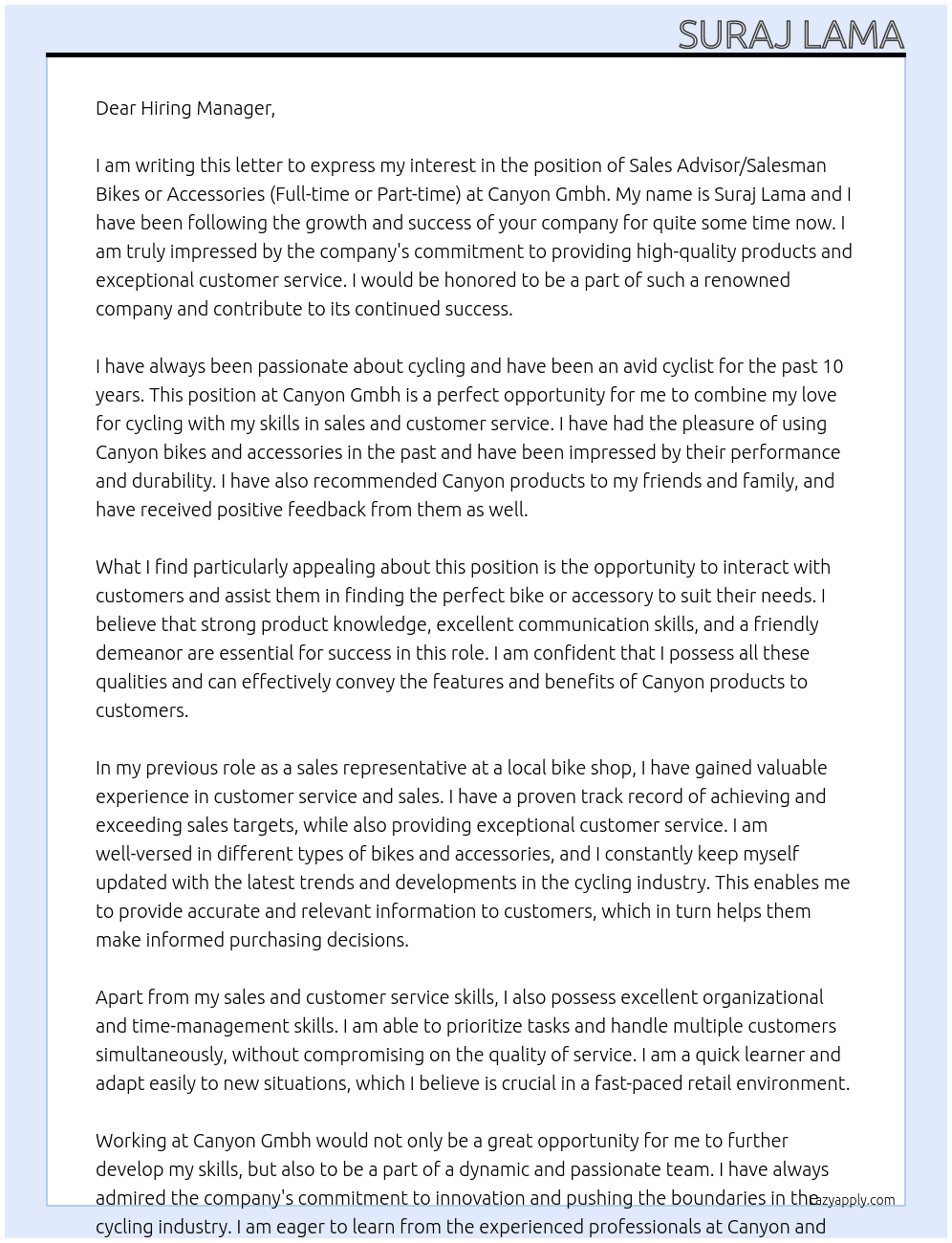 SALES ADVISOR / SALESMAN BIKES OR ACCESSORIES (FULL-TIME OR PART-TIME) (M/F/D) At Canyon Gmbh Cover Letter