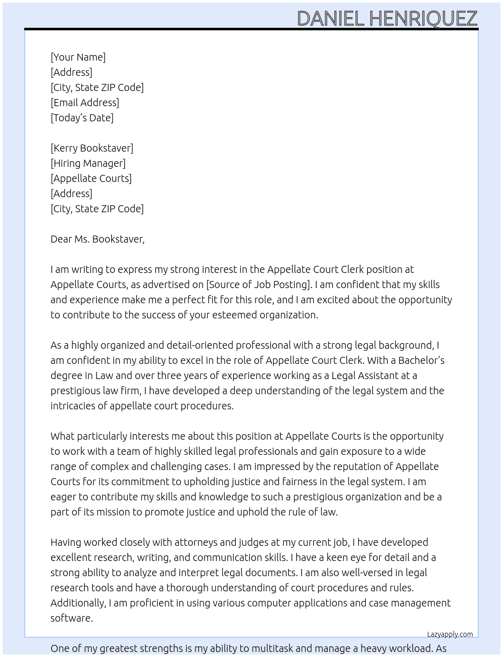 Appellate court clerk At Appellate Courts Cover Letter
