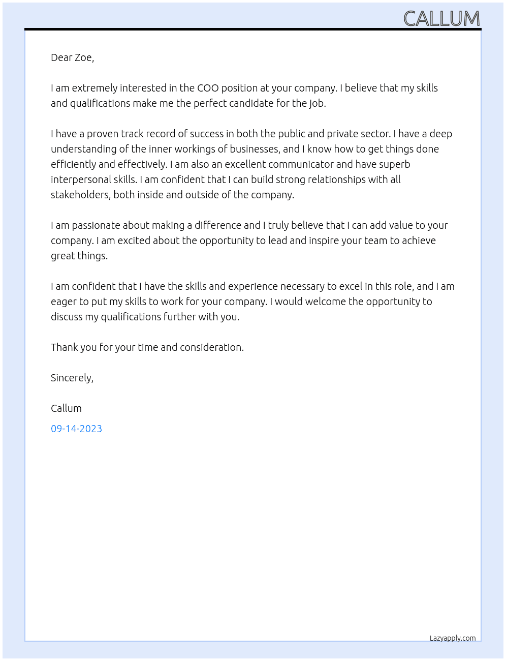 COO At Zoe Cover Letter