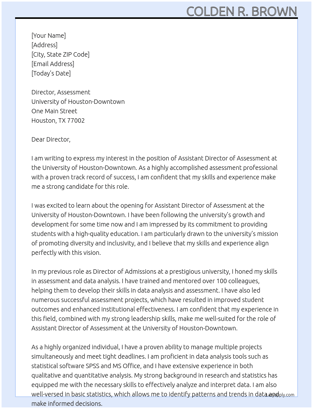 Assistant Director, Assessment At University of Houston-Downtown Cover Letter