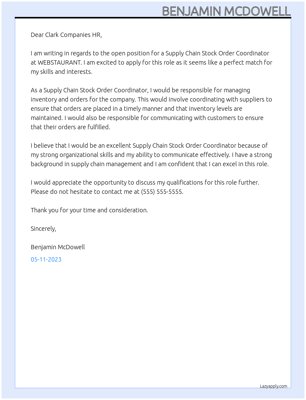 Supply Chain Stock Order Coordinator At WEBSTAURANT Cover Letter