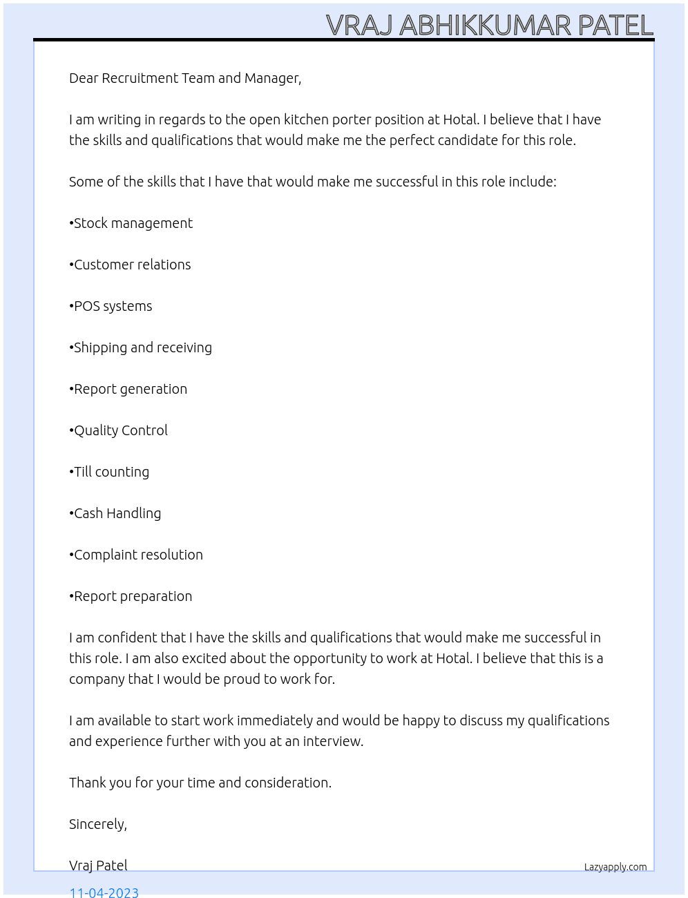 Kitchen porter At Hotal Cover Letter