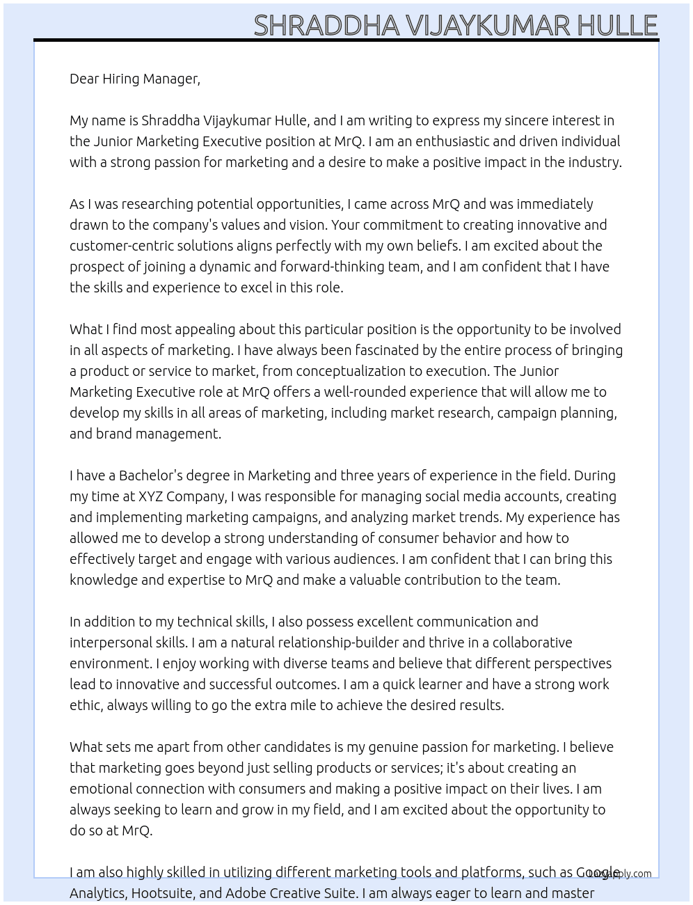 Junior Marketing Executive At MrQ Cover Letter
