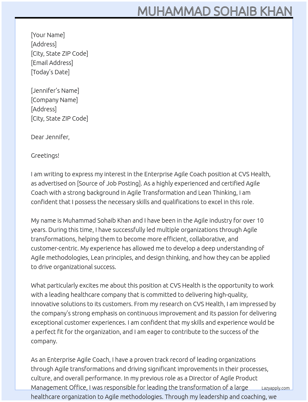 Enterprise Agile Coach At CVS Health Cover Letter