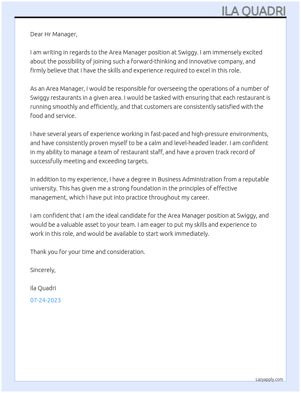 Area Manager   At Swiggy Cover Letter